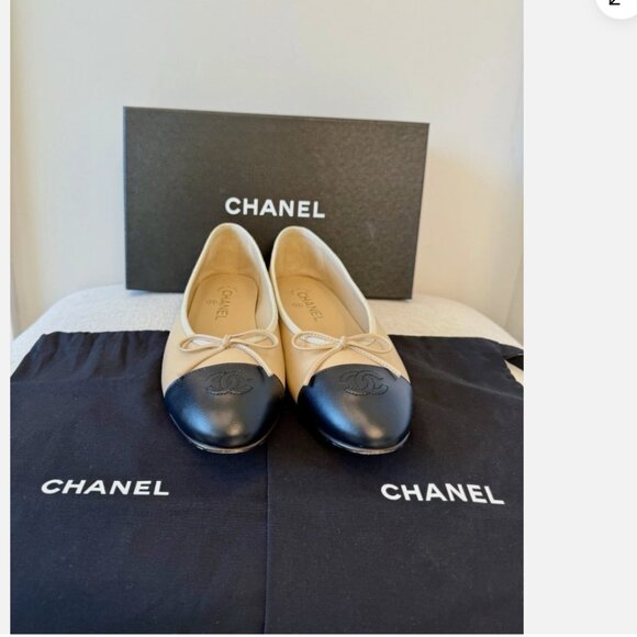 CHANEL Lambskin Beige/Black Classic Ballet Flats shoes Size 38.5 - Picture 5 of 17